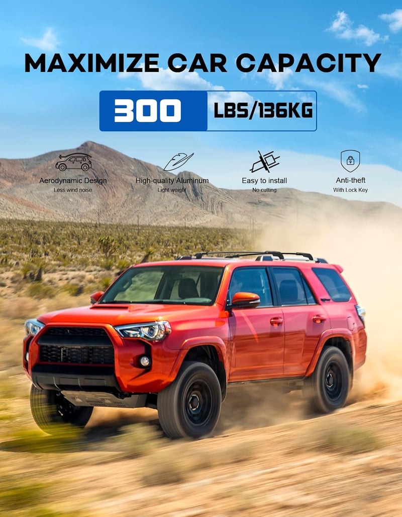 wonderdriver 300lbs Lockable Roof Rack Cross Bars Compatible with Toyota 4Runner 2010-2024 with Side ROOF Rails, Heavy Duty Aluminum Roof Rails Crossbars Cargo Canoe Black Rooftop Cargo. - Image 3